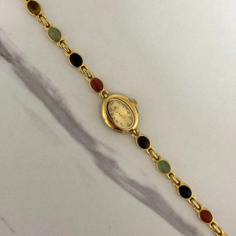 Sku0463 cute gold mini watch bracelet‎ with multicoloured natural stone inserts